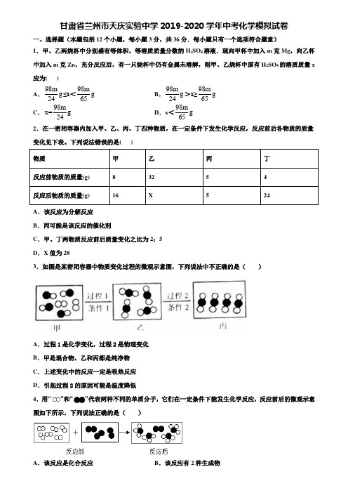 【附20套中考模拟试卷】甘肃省兰州市天庆实验中学2019-2020学年中考化学模拟试卷含解析