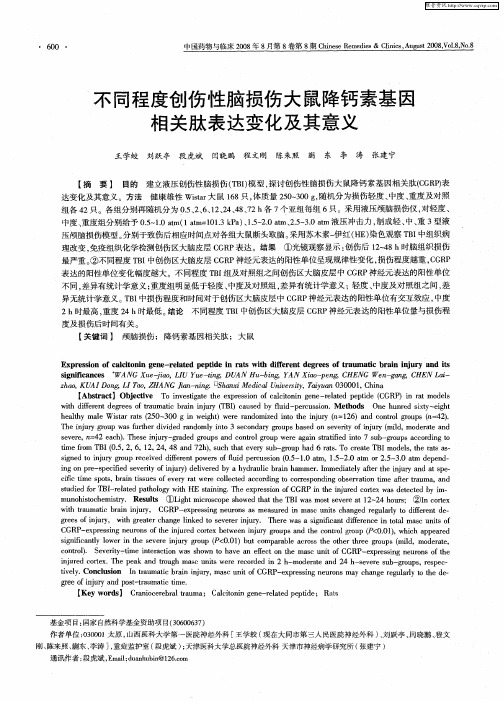 不同程度创伤性脑损伤大鼠降钙素基因相关肽表达变化及其意义