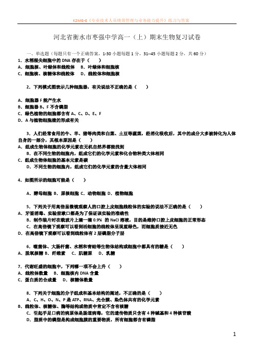 河北省衡水市2015-2016学年高一生物上册期末检测试题