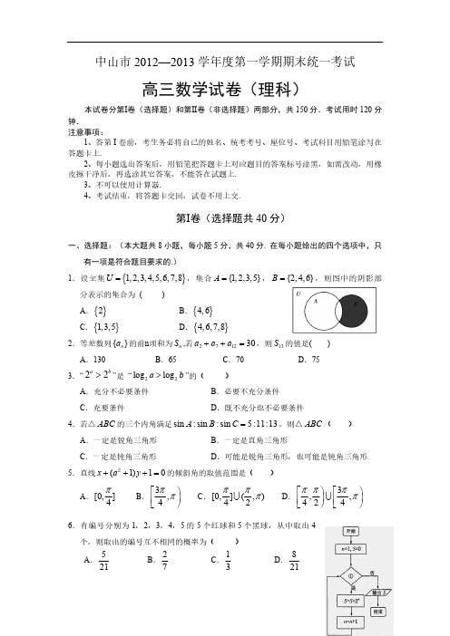 广东省中山市2012-2013学年度第一学期期末统一考试高三数学试卷(理科)