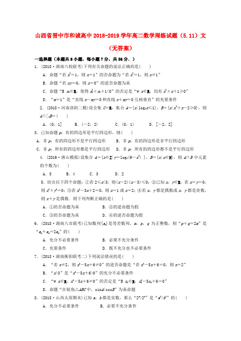 山西省晋中市和诚高中2018_2019学年高二数学周练试题(5.11)文(无答案)