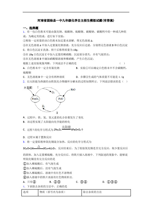 河南省固始县一中九年级化学自主招生模拟试题(有答案)