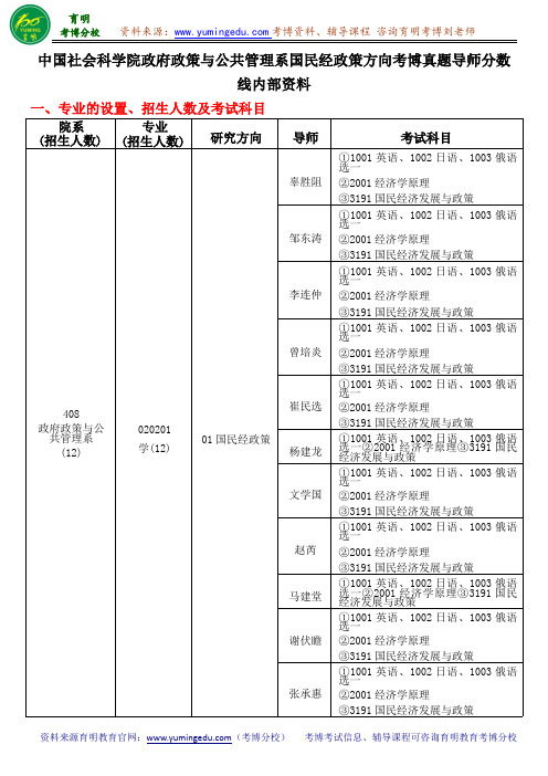 中国社会科学院政府政策与公共管理系国民经济政策方向考博真题导师分数线内部资料