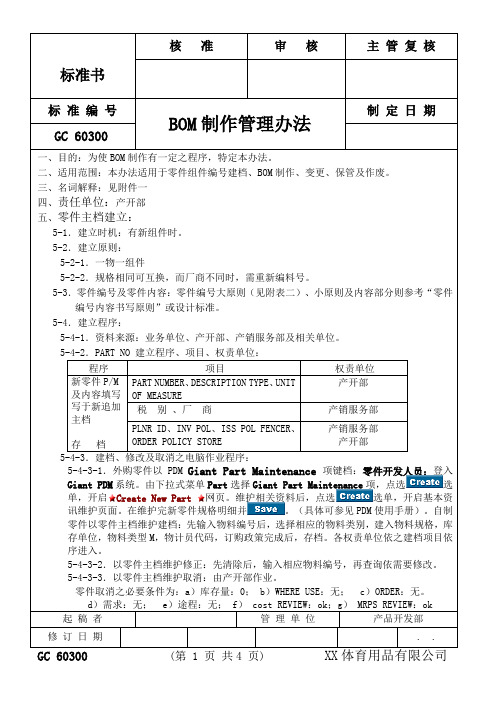 XX体育用品有限公司bom制作管理办法