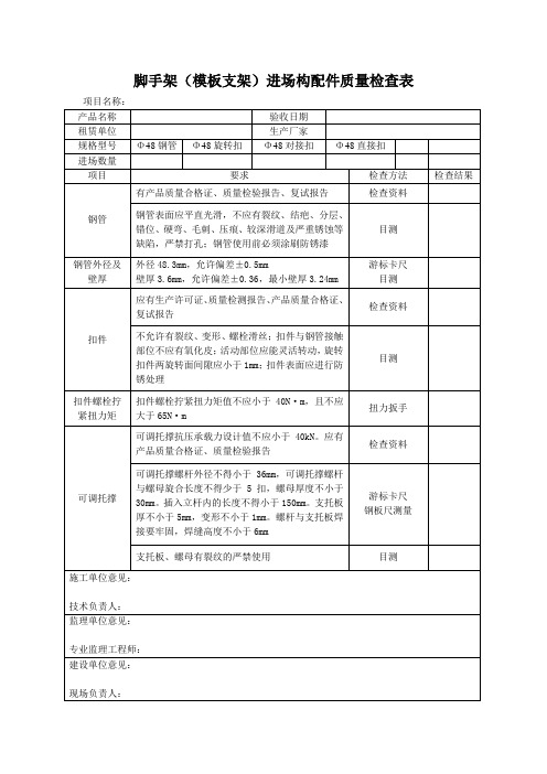 钢管脚手架进场构配件质量检查表