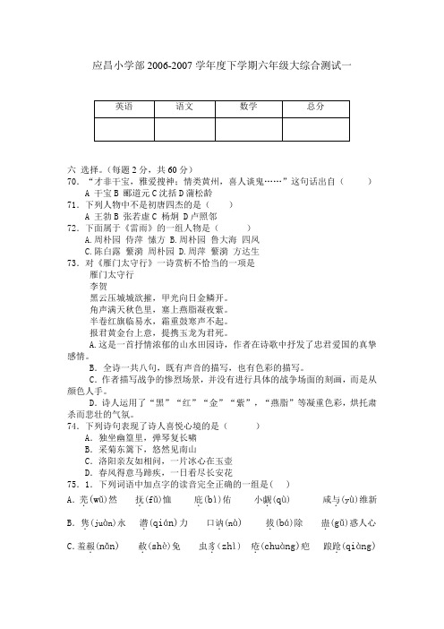 语文复件 应昌小学部2007综合测试一