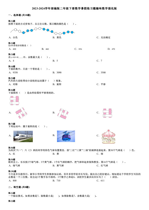 2023-2024学年部编版二年级下册数学暑假练习题趣味数学强化版