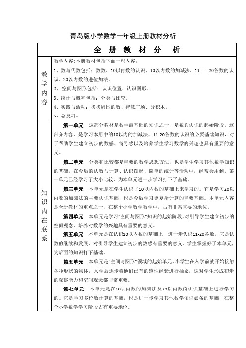 青岛版小学数学一年级上册教材分析