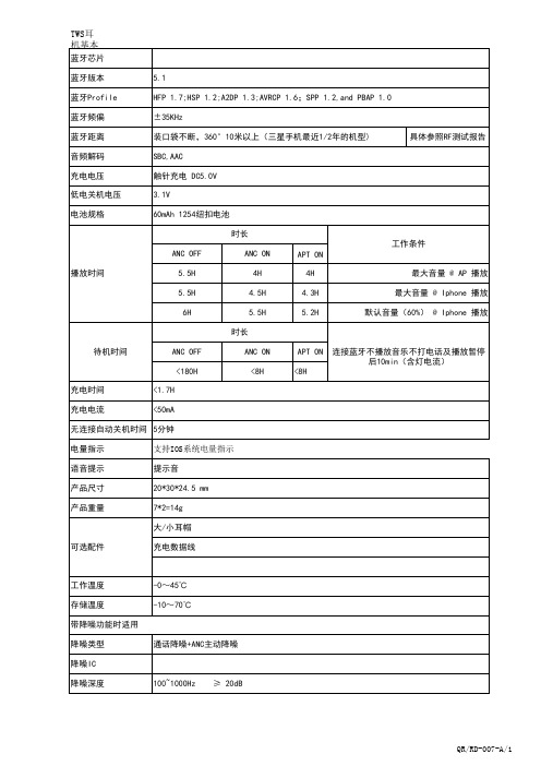 tws蓝牙耳机中文规格书产品基本参数表模板