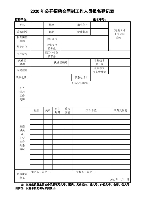 2020年公开招聘合同制工作人员报名登记表【模板】