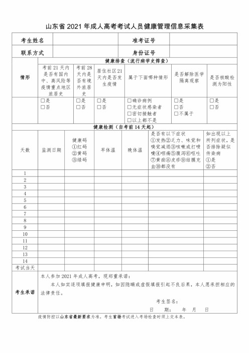 山东省2021年成人高考考试人员健康管理信息采集表