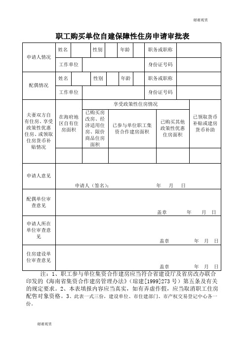 职工购买单位自建保障性住房申请审批表 .doc