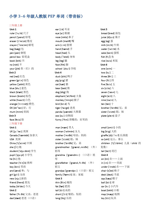 小学3~6年级人教版PEP单词(带音标)