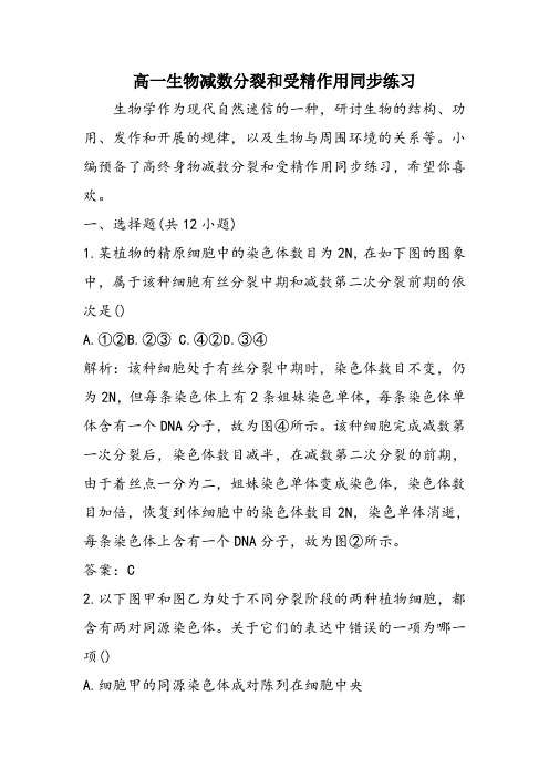 高一生物减数分裂和受精作用同步练习