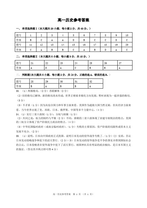 北海市2014-2015学年度第一学期期未教学质量测查高一历史参考答案