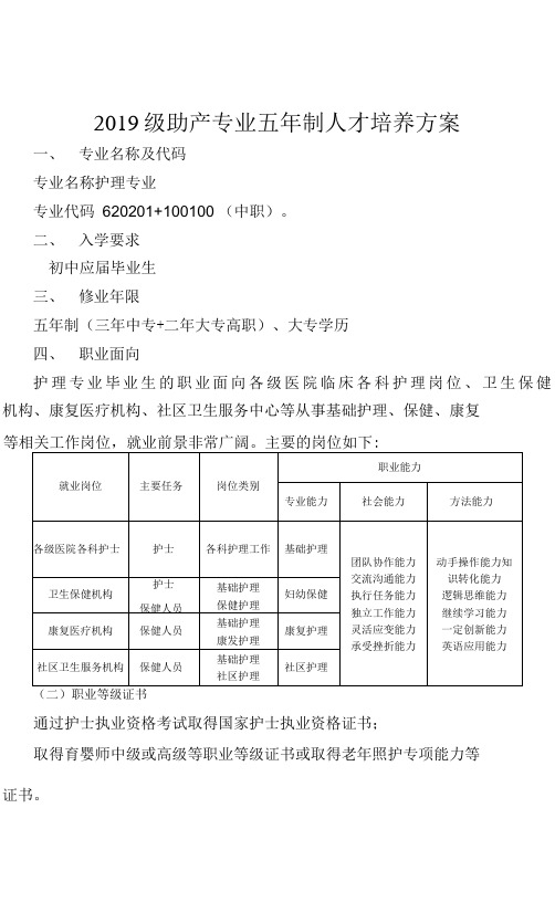 2019级助产专业五年制人才培养方案(高职)