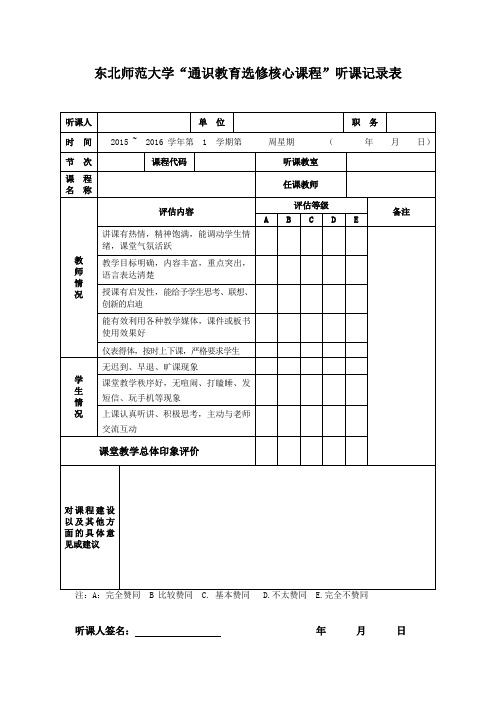 东北师范大学“通识教学选修核心课程”听课记录表