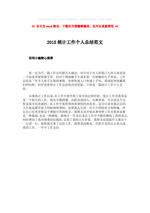 【最新推荐】201X统计工作个人总结范文-word范文 (1页)