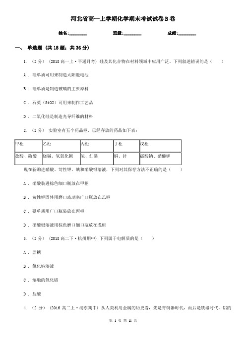 河北省高一上学期化学期末考试试卷B卷