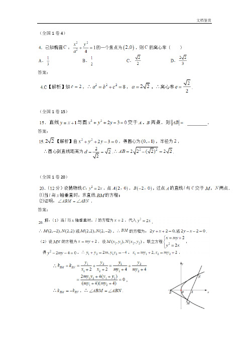 2018年各地高考数学文科分类汇编——解析几何