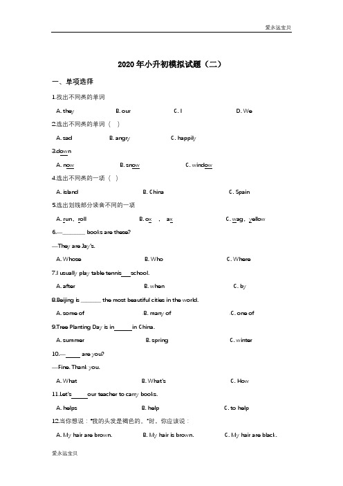 2020年小升初英语模拟试题(二)(译林版含答案)