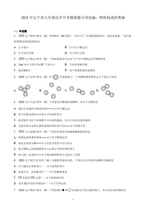 2023年辽宁省九年级化学中考模拟题分项选编：物质构成的奥秘