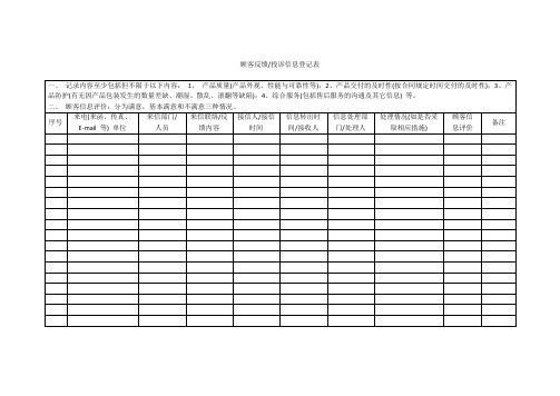 顾客反馈投诉信息登记表