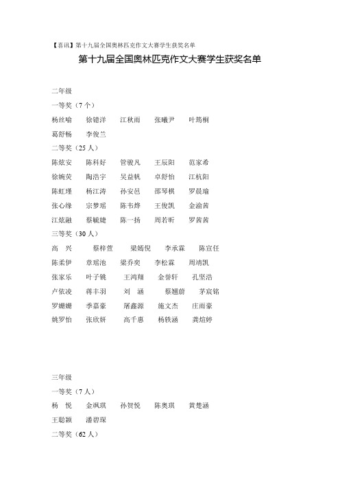 【喜讯】第十九届全国奥林匹克作文大赛学生获奖名单