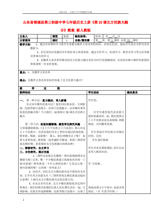 七年级历史上册第20课北方民族大融合教案新人教版