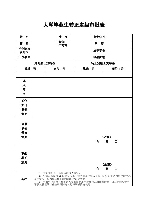 大学毕业生转正定级审批表