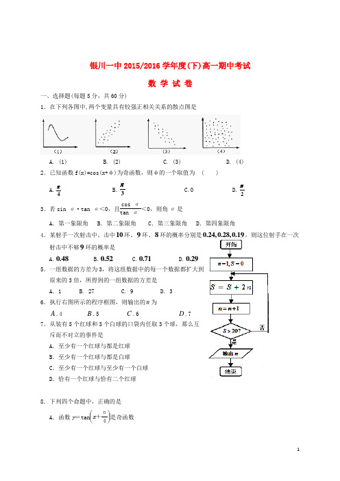 宁夏银川一中2015-2016学年高一数学下学期期中试题