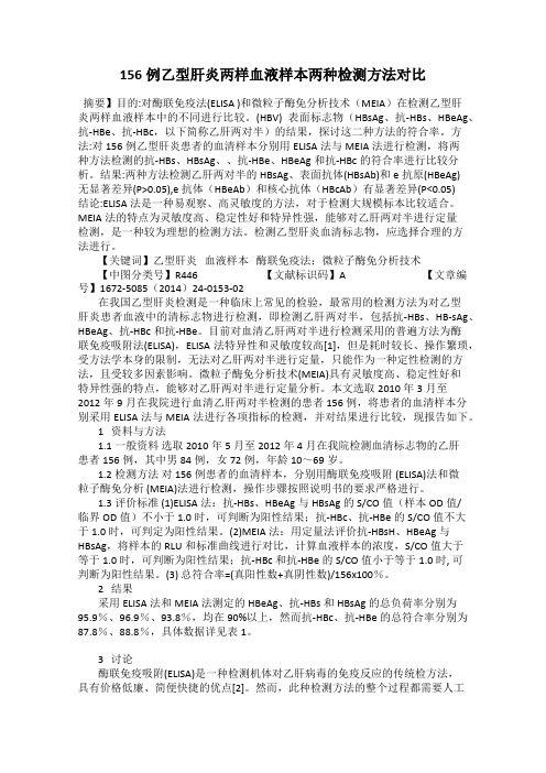 156例乙型肝炎两样血液样本两种检测方法对比