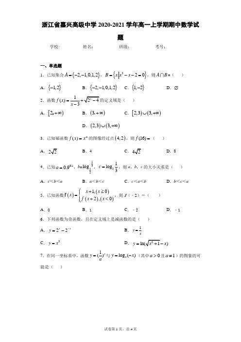 浙江省嘉兴高级中学2020-2021学年高一上学期期中数学试题