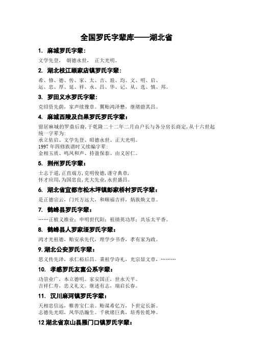 全国罗氏字辈库——湖北省