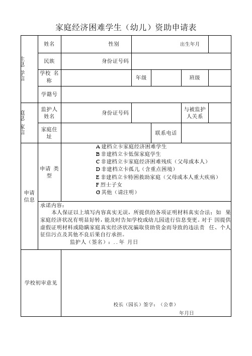 家庭经济困难学生资助申请表