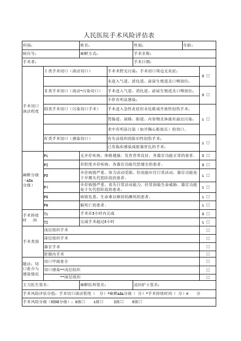 开县人民医院手术风险评估表