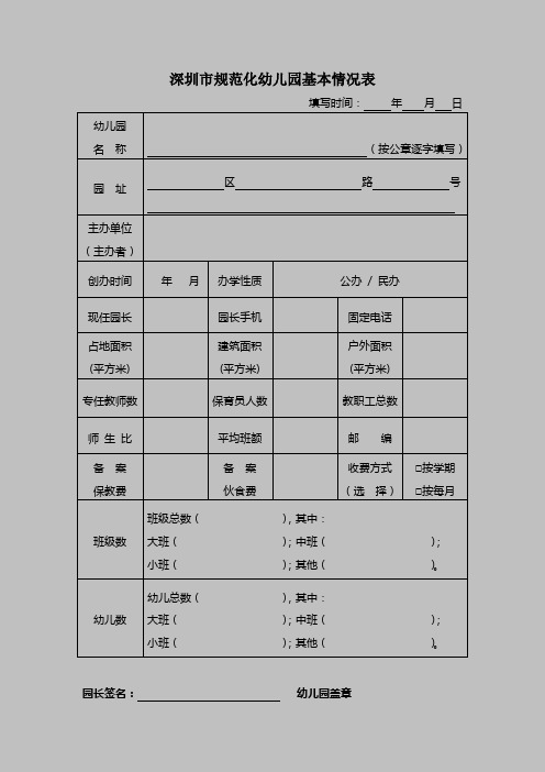 深圳规范化幼儿园基本情况表