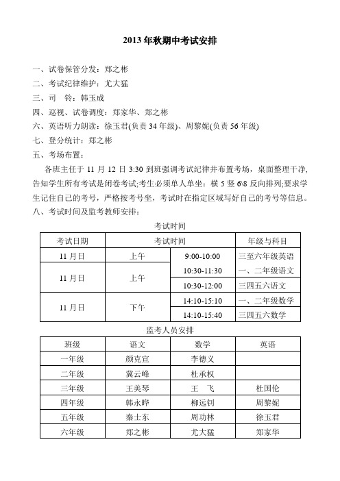 2013秋期中考试安排