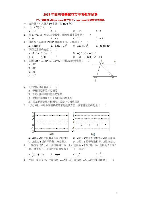 四川省攀枝花市2019年中考数学真题试题(含解析)