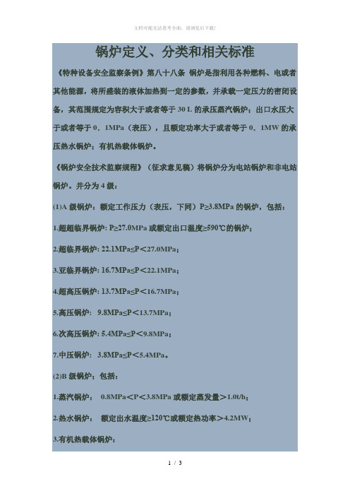 锅炉定义、分类和相关标准