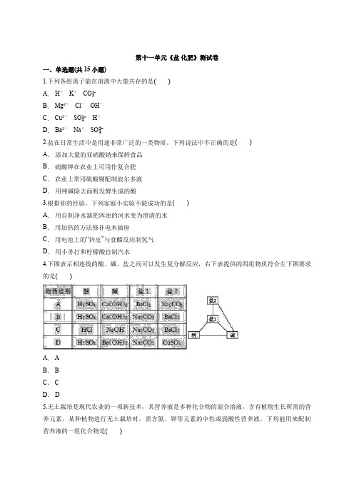 2020届人教版初中化学九年级下册第十一单元《盐 化肥》考试测试卷