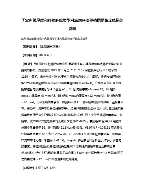 子宫内膜厚度和移植胚胎类型对冻融胚胎移植周期临床结局的影响