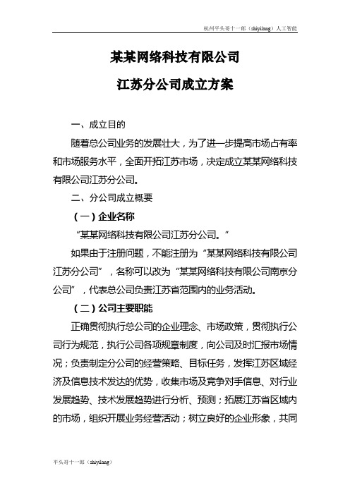 杭州平头哥公司某某网络科技公司组建方案