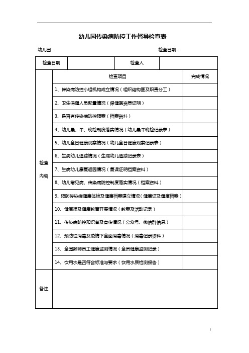 【园所传染病防控】幼儿园传染病防控工作督导检查表