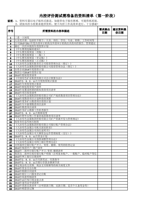 内控评价测试需准备的资料清单(第一阶段)