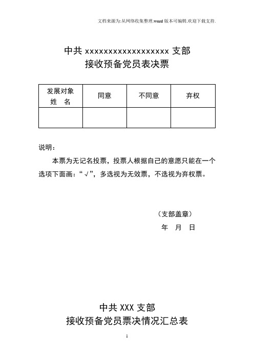 中共XXX支部预备党员表决表