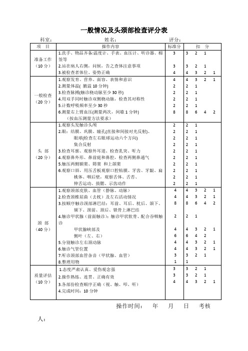 体格检查(一般情况及头颈部检查评分表)