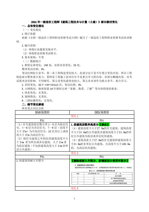 2021年一级造价工程师《建设工程技术与计量(土建)》教材变动解析