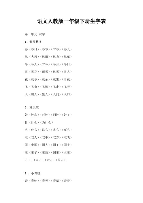 语文人教版一年级下册生字表