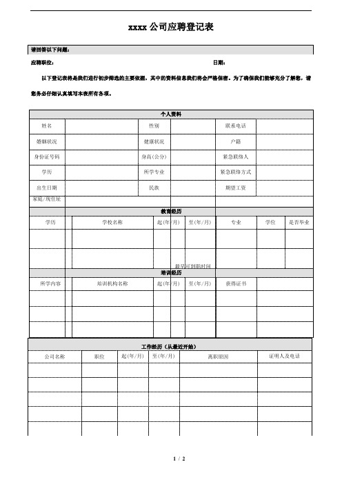 xxxx公司应聘登记表